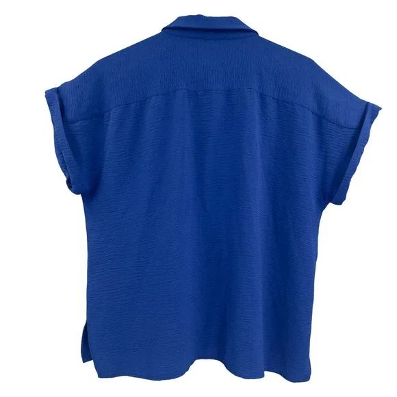 Calvin Klein Women Royal Blue Textured Short Sleeve Button Down Shirt XL - Picture 2 of 4